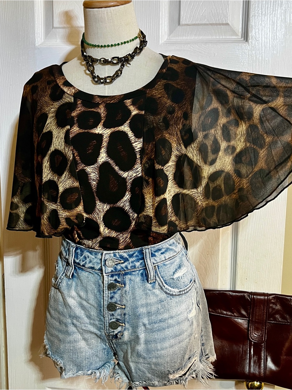 Adele&May Wms Animal Print Sheer Butterfly Flutter Overlay Boho Artsy Top S